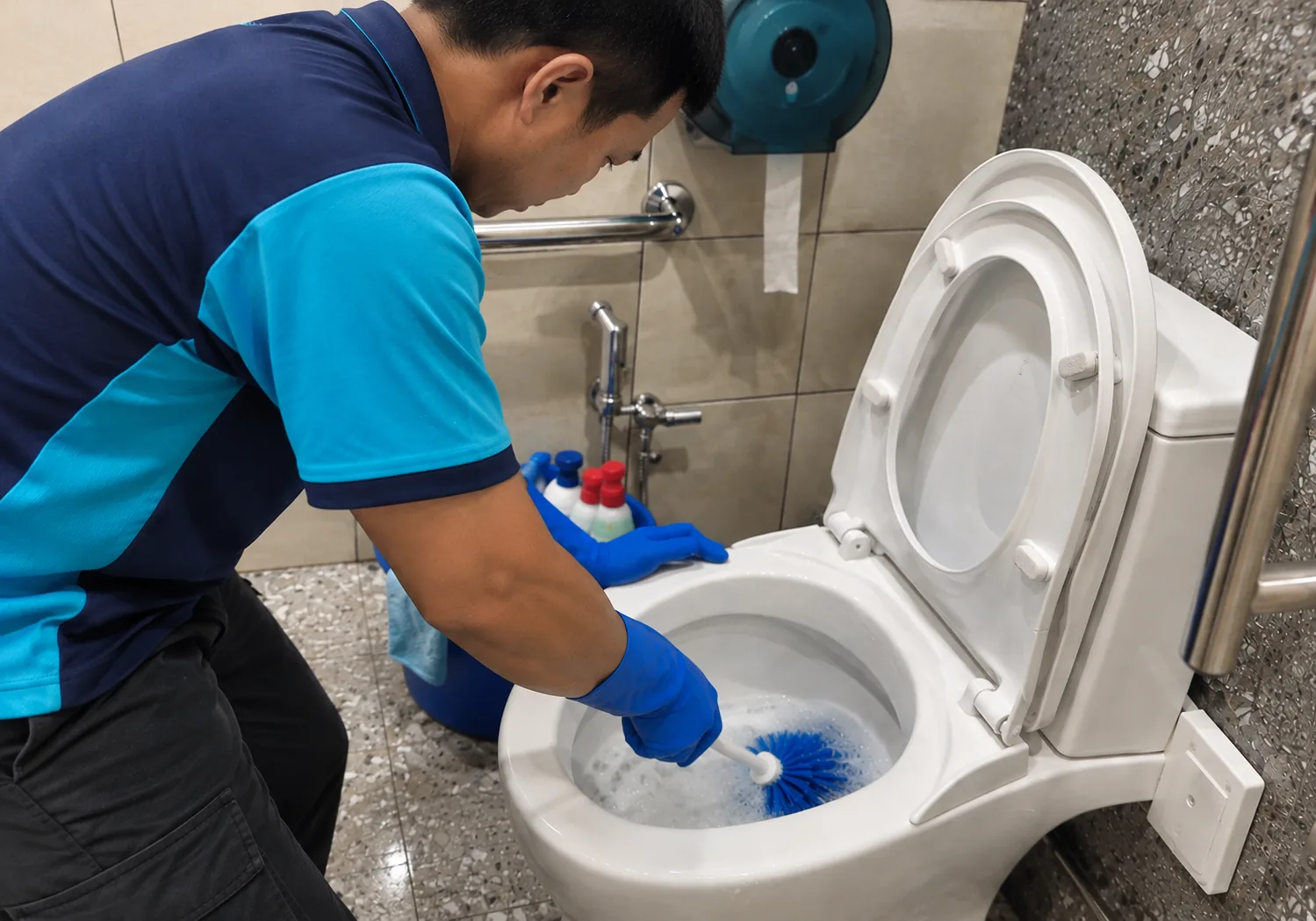 Commercial toilet cleaning in a shopping mall washroom
