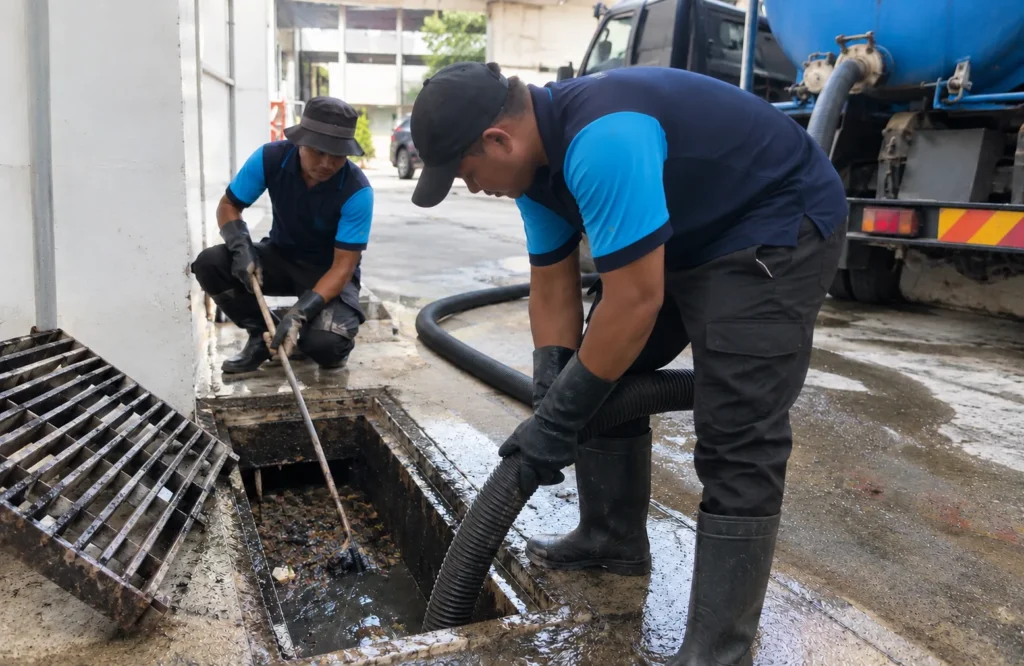 Drain cleaning with a vacuum hose at a commercial site - Pipeline & Drainage Cleaning in Klang