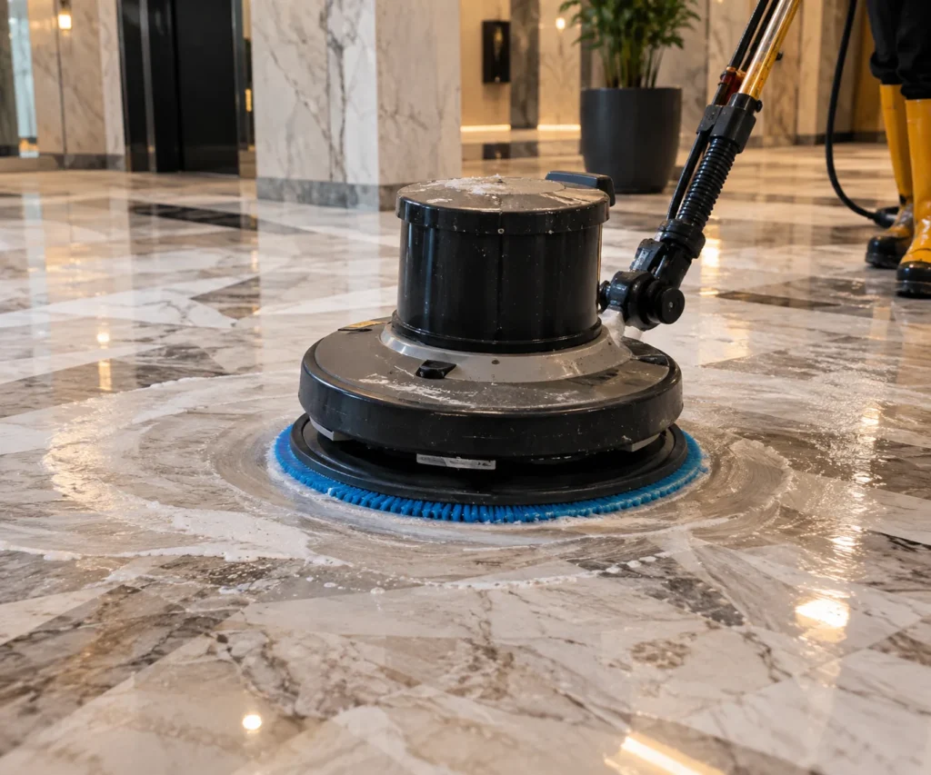 Marble floor polishing machine on a lobby floor - Marble Polishing in Cheras