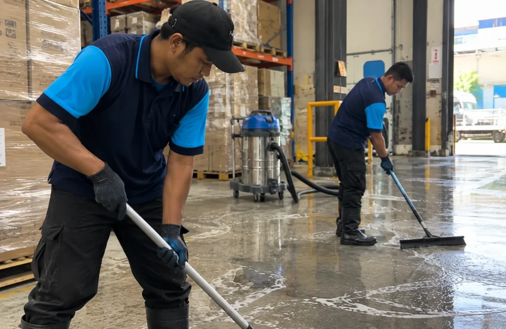 Warehouse floor cleaning between storage racks - Warehouse Cleaning in Klang