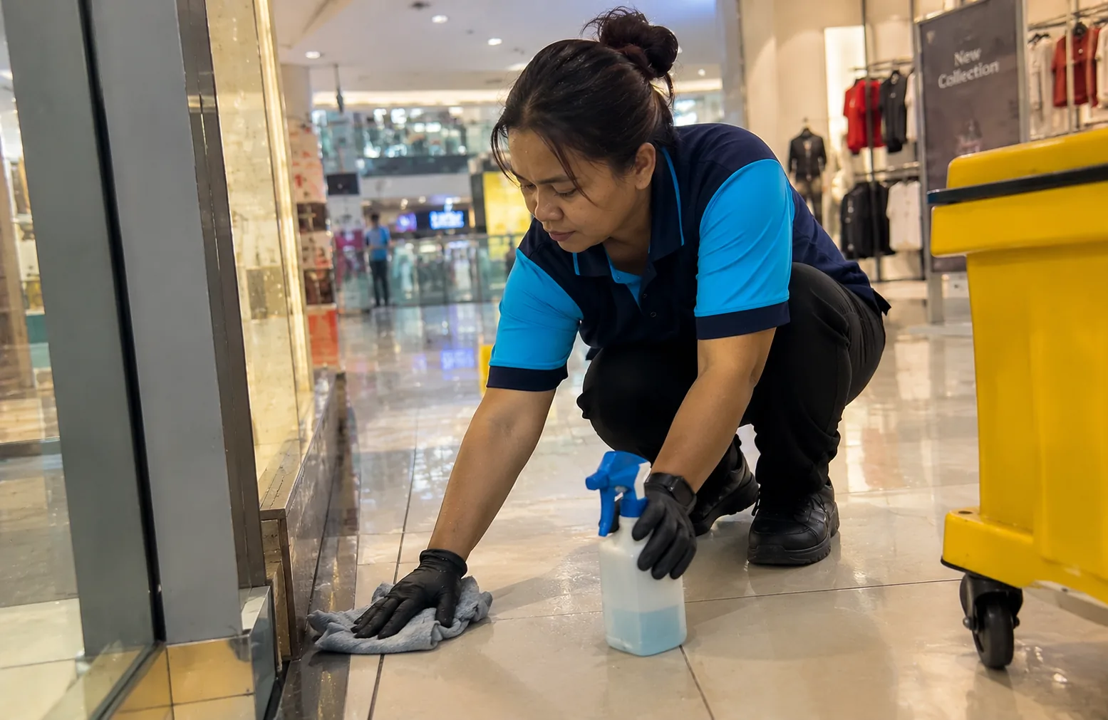 Shopping mall housekeeping in a retail concourse