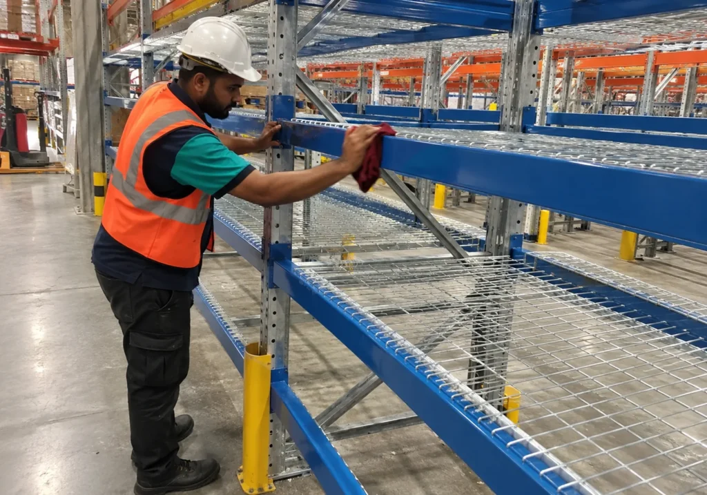 Commercial cleaning services in Klang: cleaner wiping storage racking at a warehouse in Klang