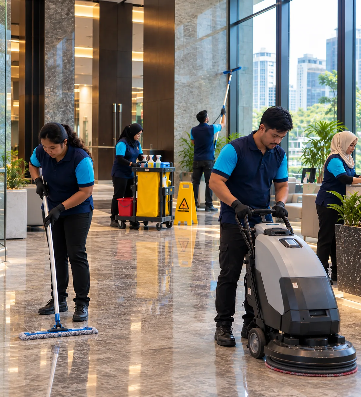 Commercial cleaning team at work for a business in Kuala Lumpur