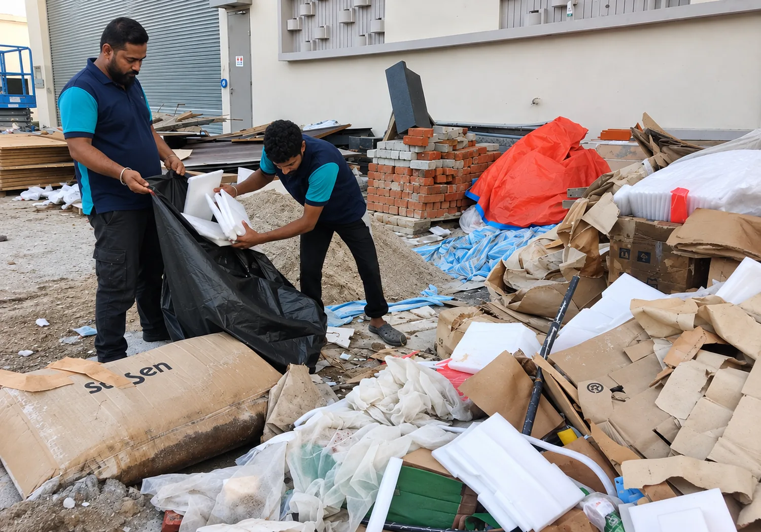 Post-construction cleanup of foam and packaging waste