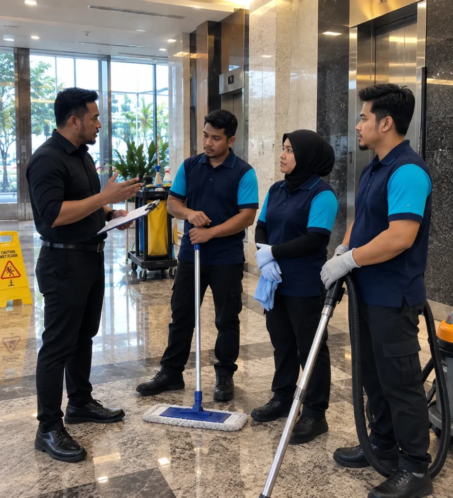 Commercial cleaning services in Bukit Jalil: housekeeping team briefing at a commercial building in Bukit Jalil