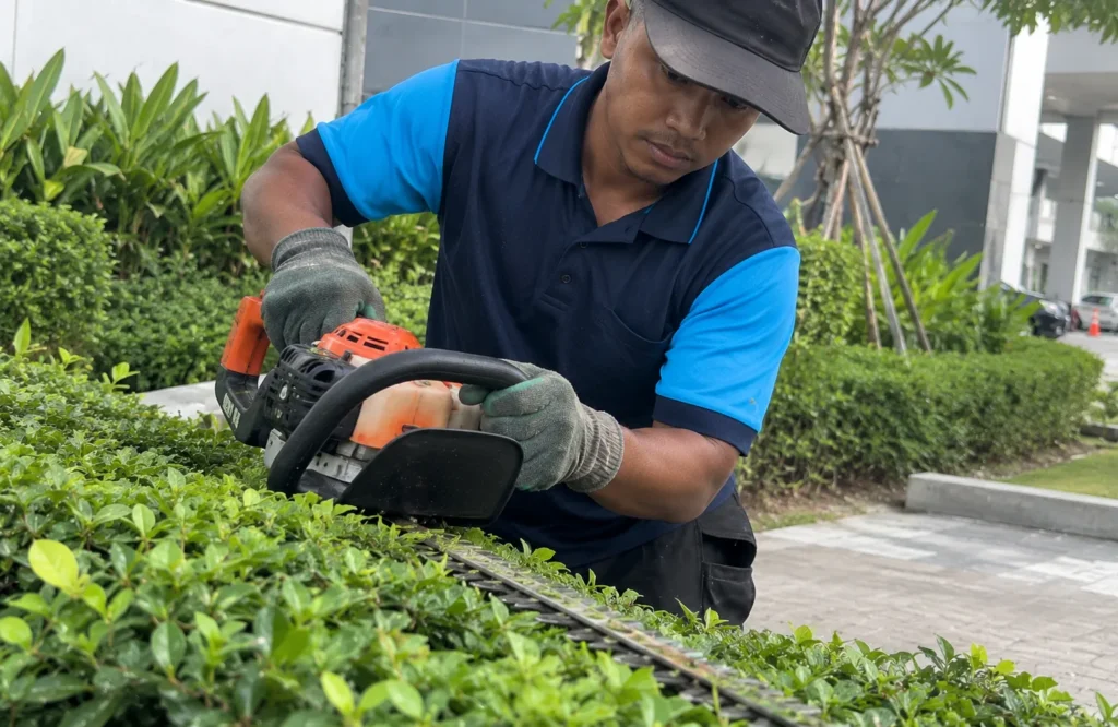 Gardener trimming hedges at a commercial property - Landscaping Services in Putrajaya