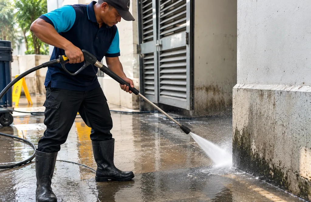 High pressure water jet cleaning of an external wall - High Pressure Water Jet Cleaning in Klang