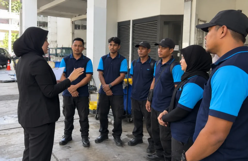 Supervisor briefing a contract cleaning team - Labour Supply in Klang