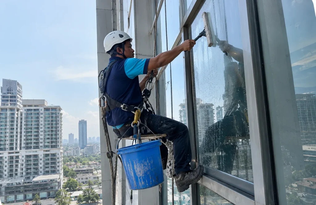 Rope access technician cleaning building glass - Facade Cleaning in Bangsar