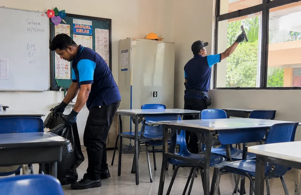 Cleaner tidying a classroom in an educational facility - School & Educational Facility Housekeeping in Setapak
