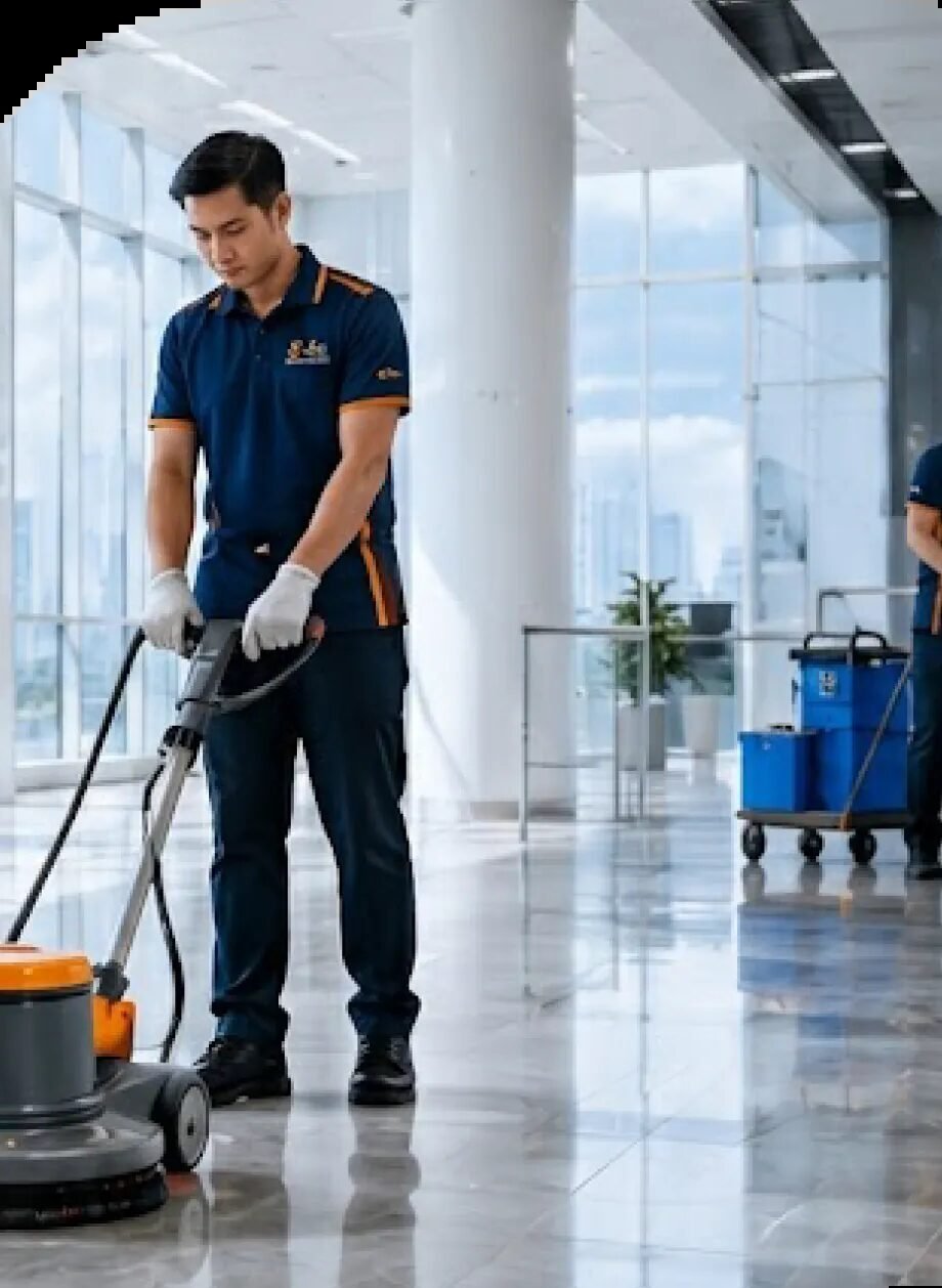 Tenaga Cekap cleaning team cleaning a commercial building lobby